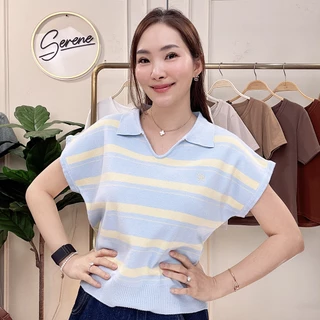 Serene's Choice เสื้อไหมพรม โปโลแขนล้ำ ลายริ้ว Stripe คอปก ปักโลโก้ Serene สไตล์เกาหลี