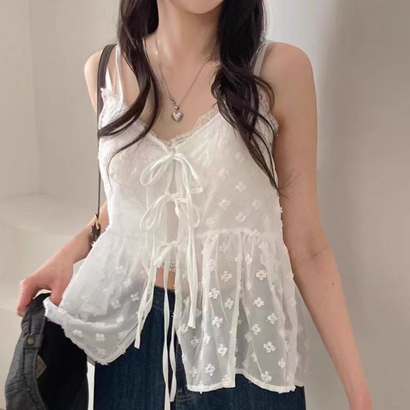 ❤easy❤เสื้อท็อปผู้หญิงสายเดี่ยวลูกไม้ผ้าตาข่ายลายดอกผูกเชือกหน้า หลวมสบายสไตล์น่ารัก