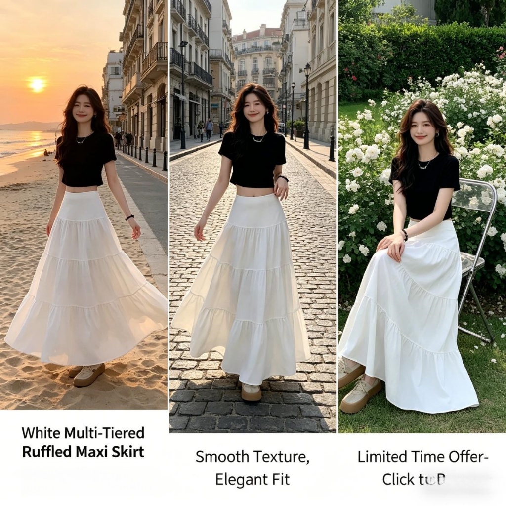 ชุดไปทะเล การออกแบบ 4 ชั้น กระโปรงยาวสีขาว สไตล์หรูหรา ทันสมัย ทรงหลวม ยาวกรอมพื้น กระโปรงทรงเอ เอวสูง ชุดเดรสสวยๆ สำหรั