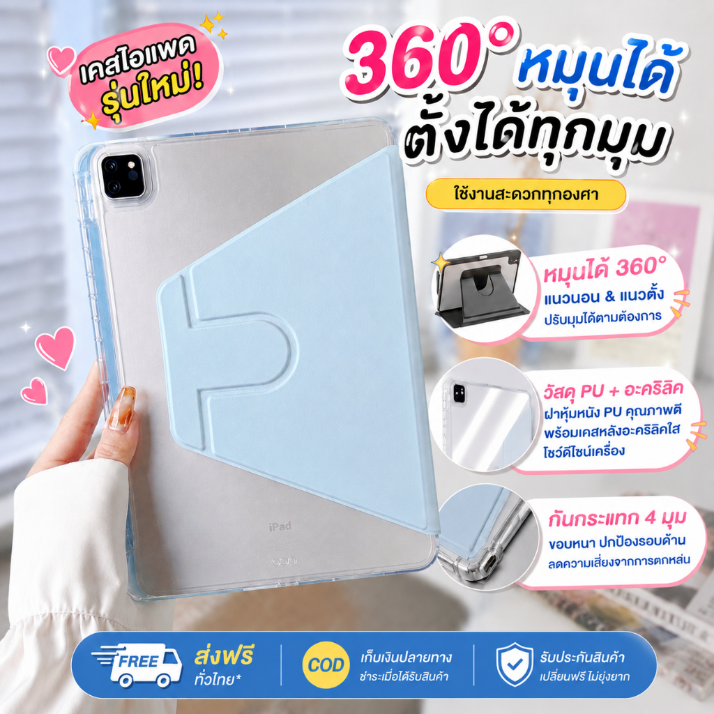เคสไอแพด Gen10 Gen11 Air4 Air5 Pro11 2024 360° หมุนได้ กันกระแทก TPU ใส พร้อมช่องปากกา COD