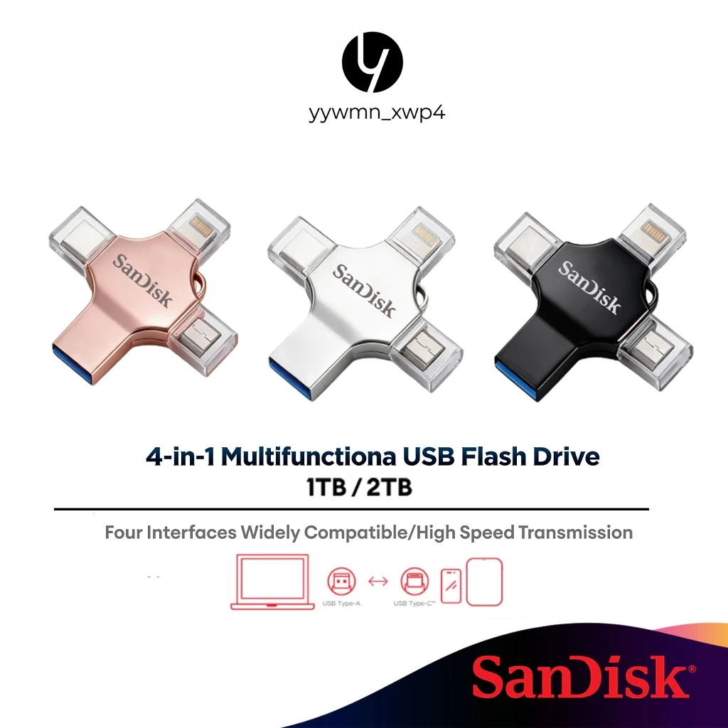 Sandisk Drive 4 in 1 USB Metal Flash Drive Mobile Phone Storage OTG 1TB/​​2TB กันน้า สำหรับโทรศัพท์ แท็บเล็ต แอนดรอยด์