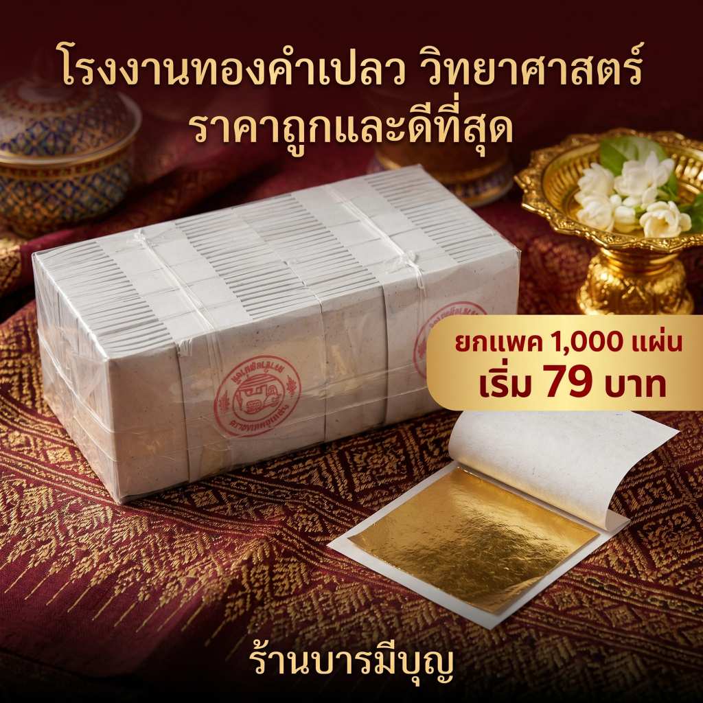 ทองคำเปลว K (1,000 แผ่น) ราคาส่งถูกที่สุด แผ่นทองคำเปลว ทองวิทยาศาสตร์ แผ่นทองปิดพระตราช้างอย่างดี
