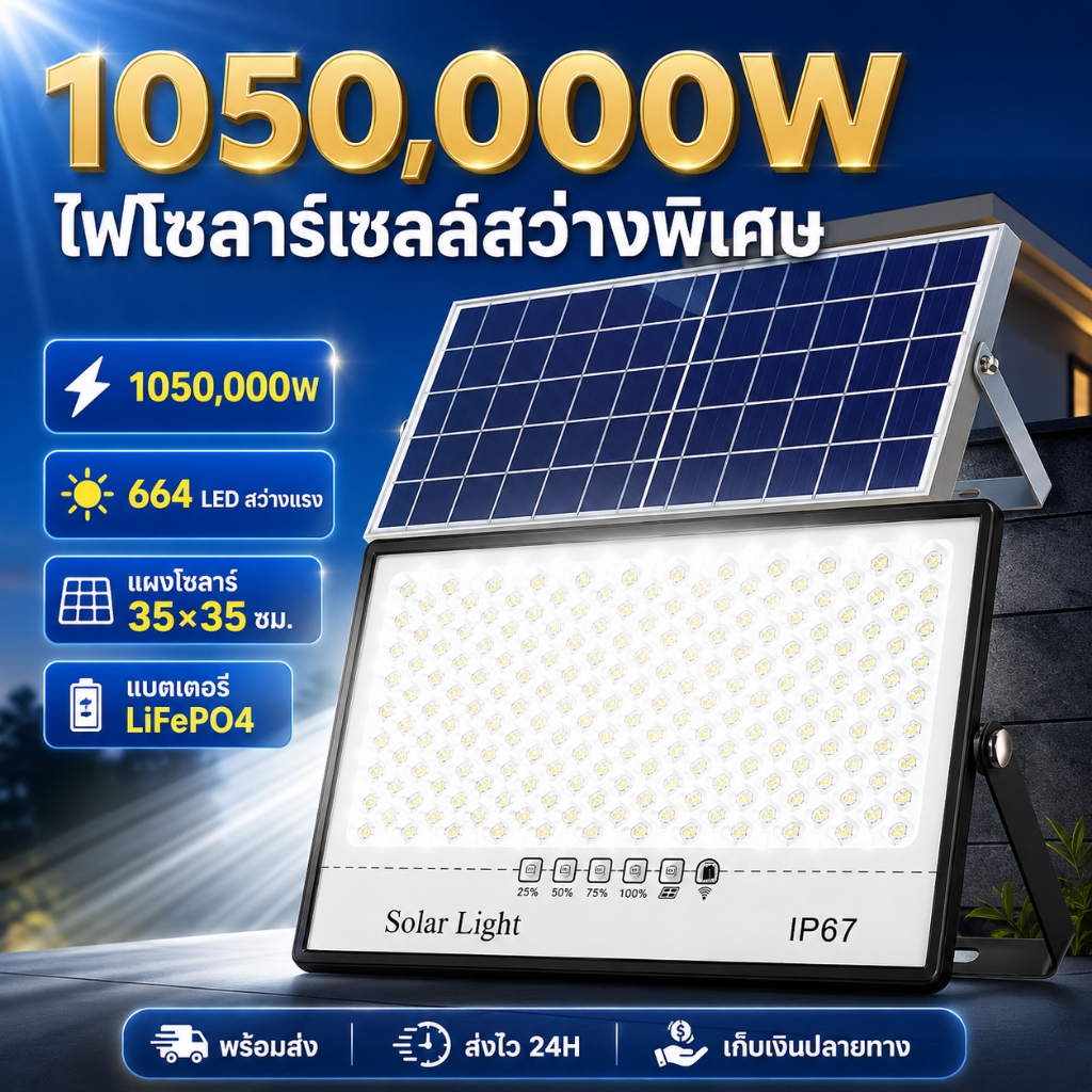 ซื้อ 1 แถม 1 ไฟโซล่าเซลล์ solar light IP67 กันน้ำและกันฟ้าผ่ 1050,000W จับเวลาระยะไกล ชาร์จไฟตอนกลางวัน สว่างเมื่อฟ้าม