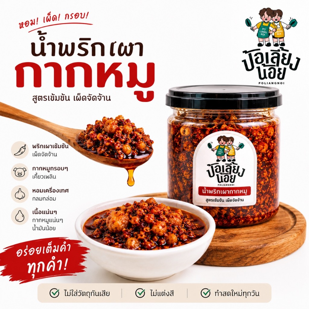 น้ำพริกเผากากหมู น้ำมันรำข้าว กากหมูกรอบๆ พริกเผาเข้มข้น หอมเครื่องเทศ