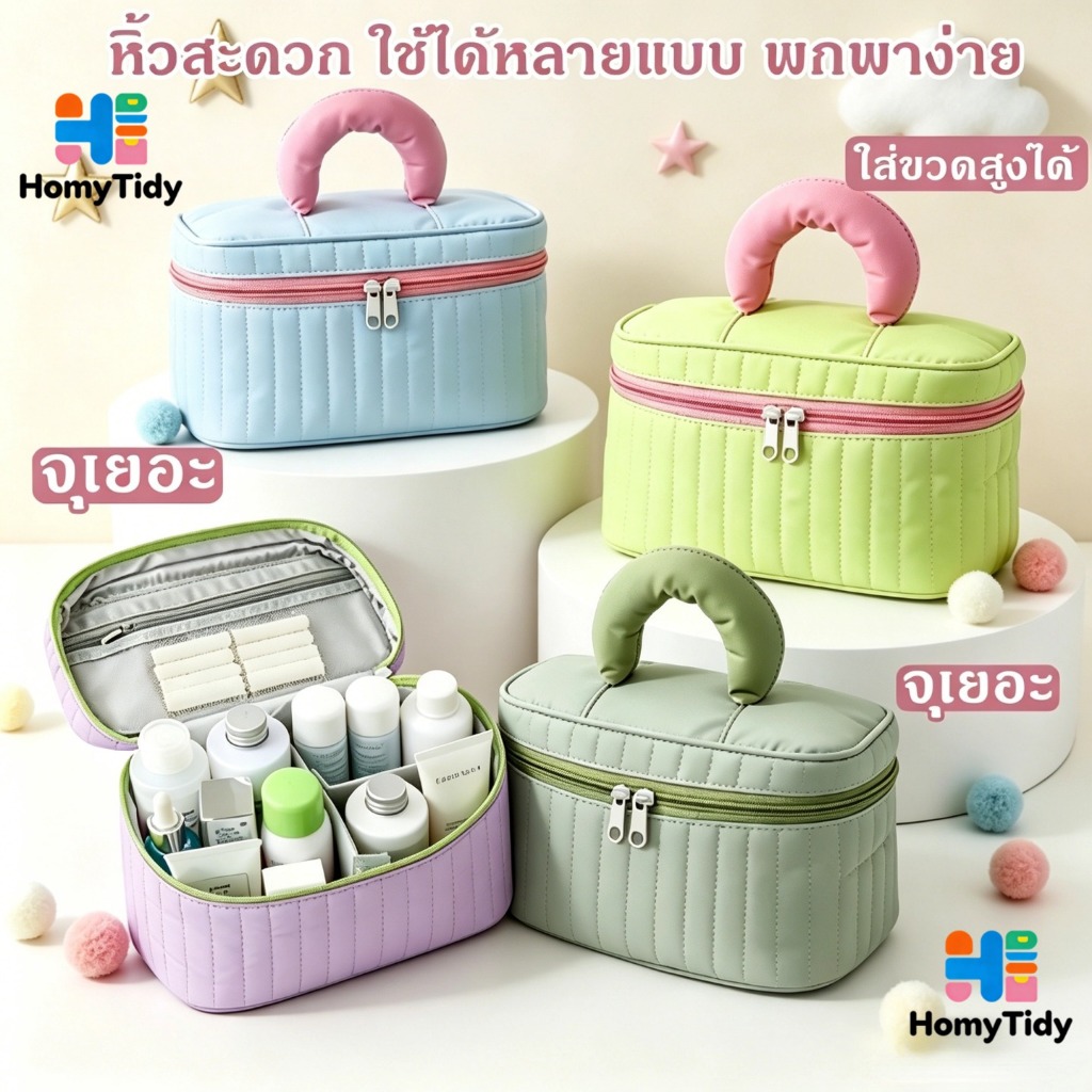 กระเป๋าเครื่องสำอาง พกพาสะดวก จุของได้เยอะ ออแกไนเซอร์ ซิป หูหิ้ว เดินทาง ซักผ้าได้ แบบพับได้