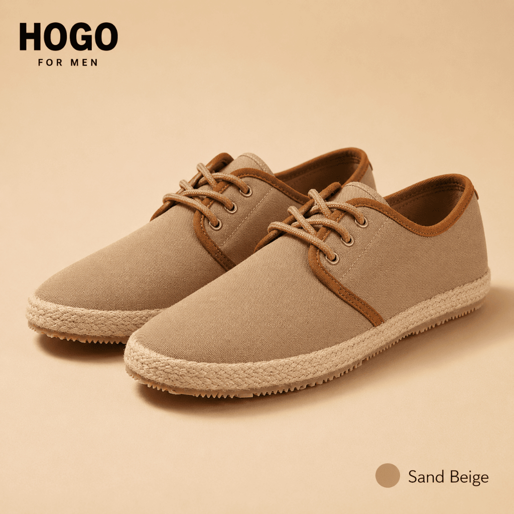 HOGO รองเท้าผ้าใบ สไตล์ยุโรปชาย หรู ดูแพง ใส่ทำงาน ใส่เที่ยวได้ เบาสบาย สายปอถัก พื้นยางกันลื่น คู่เดียวได้ทุกสไตล์