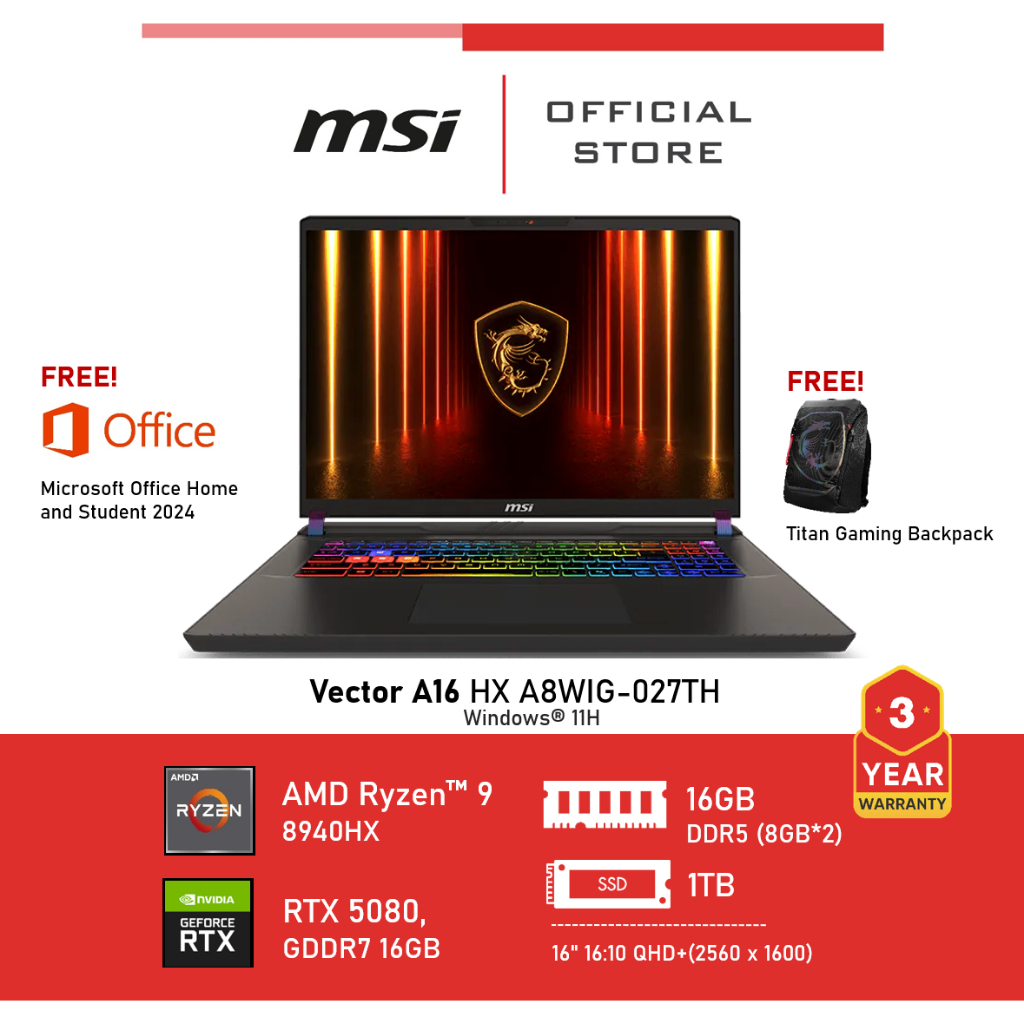 [Pre-Order] MSI Vector A16 HX A8WIG-027TH (NVIDIA® GeForce RTX™ 5080 Laptop GPU, GDDR7 16GB) Laptop