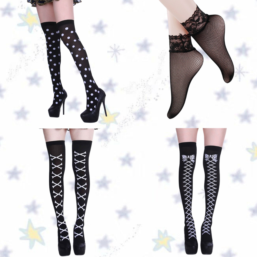 🎀พร้อมส่งด่วน🎀ถุงเท้า ถุงน่องยาว เหนือเข่า ลายเชือกไขว้สีขาว ลายจุด สไตล์Y2K สาวหวานเซ็กซี่