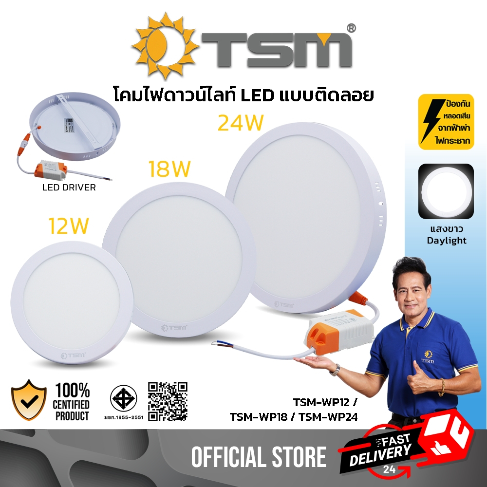 โคมไฟดาวน์ไลท์ แบบติดลอย ขอบขาว LED 12W 18W 24W แสงขาว ไฟพาแนล โคมไฟเพดานแบบลอย ไฟ รุ่น TSM-WP