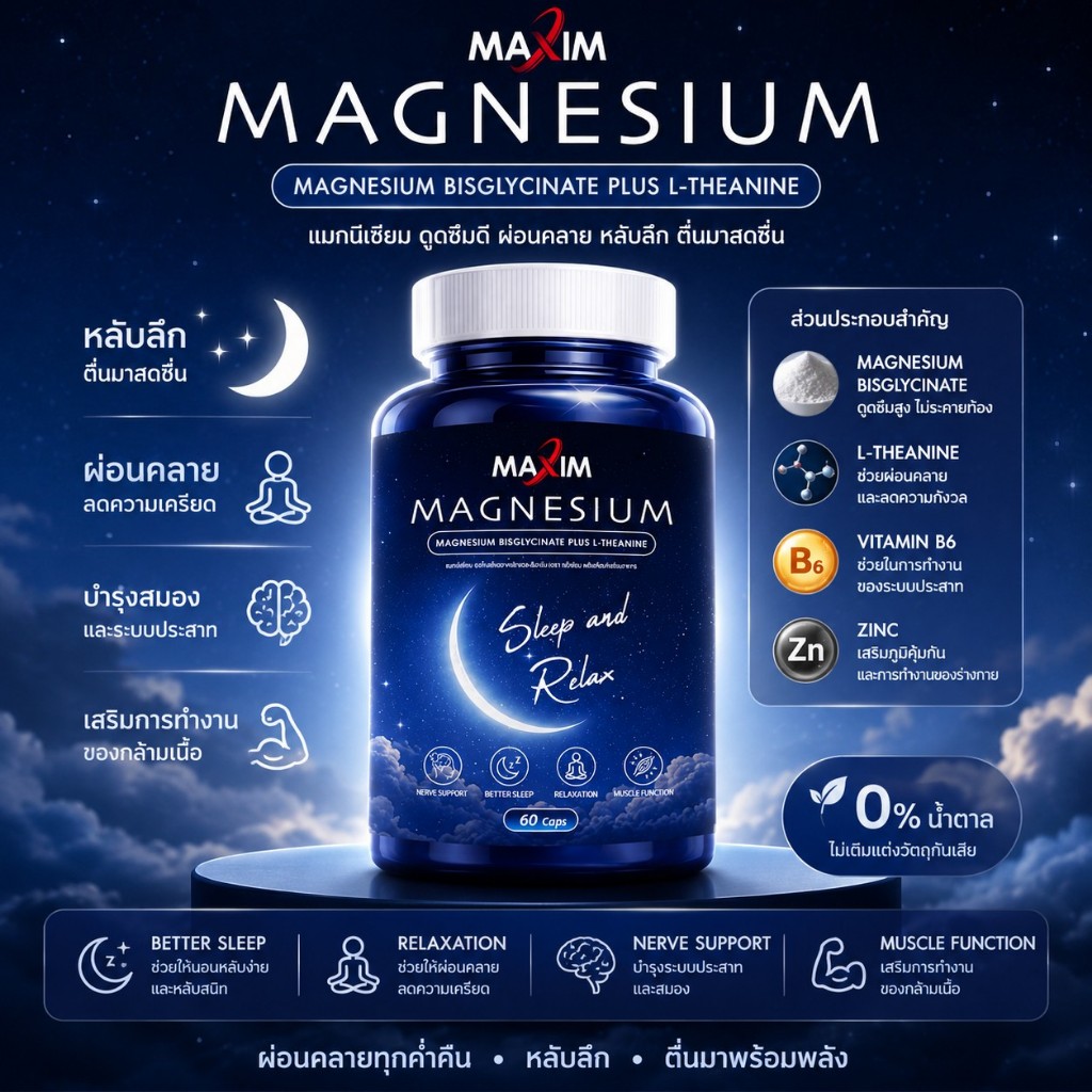 MAXIM Magnesium Sleep & Relax หลับสบาย ผ่อนคลาย ดูแลการนอน 60 แคปซูล