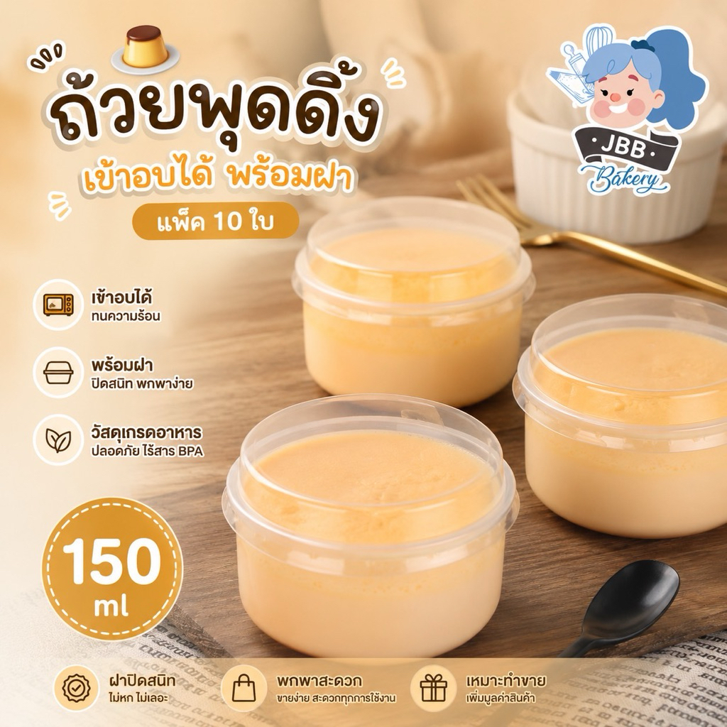 ถ้วยพุดดิ้งเนื้อ PP เข้าอบได้ แพ็คละ 10 ชิ้นรวมฝา