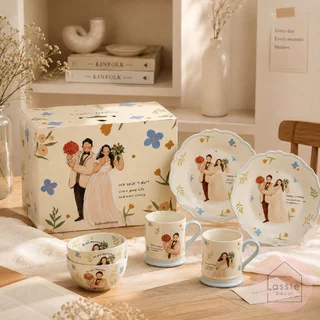 💍🌸Box Set แต่งงาน Chubby Wedding ชุดจานชามเซรามิคลายคู่รักพร้อมกล่องของขวัญ เหมาะสำหรับให้ของขวัญให้คนพิเศษ Lassie Decor