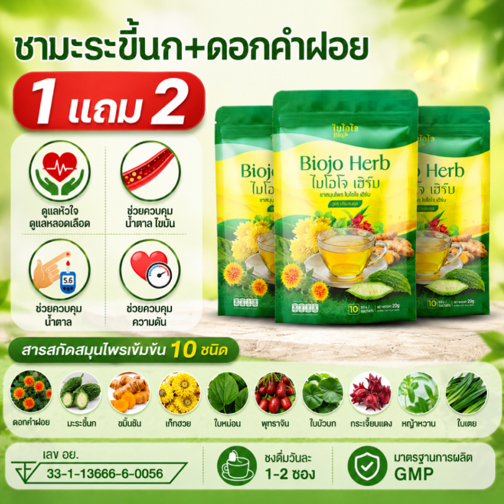 BIOJO ชาสมุนไพร สูตรปรับสมดุล สารสกัด [1 แถม 2] ลดเบาหวาน ลดความดัน ลดไขมัน มือชาเท้าชา