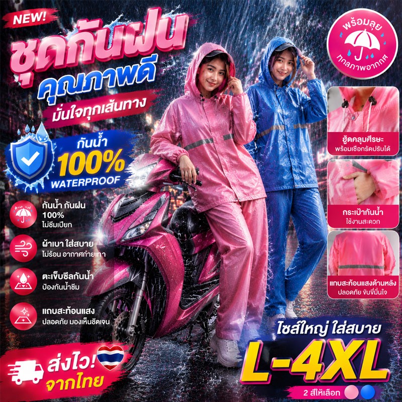 💧กันน้ำ 100%💧ชุดกันฝน รุ่นหมวกติดเสื้อ กันลม พร้อมแถบสะท้อนแสง Rain Suit