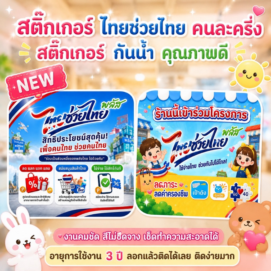 พร้อมส่ง! สติ๊กเกอร์ ไทยช่วยไทย+พลัส คนละครึ่ง ป้ายคนละครึ่ง ติดประตู ติดกระจก กันน้ำ สีสด เช็ดทำความสะอาดได้ ติดง่ายมาก