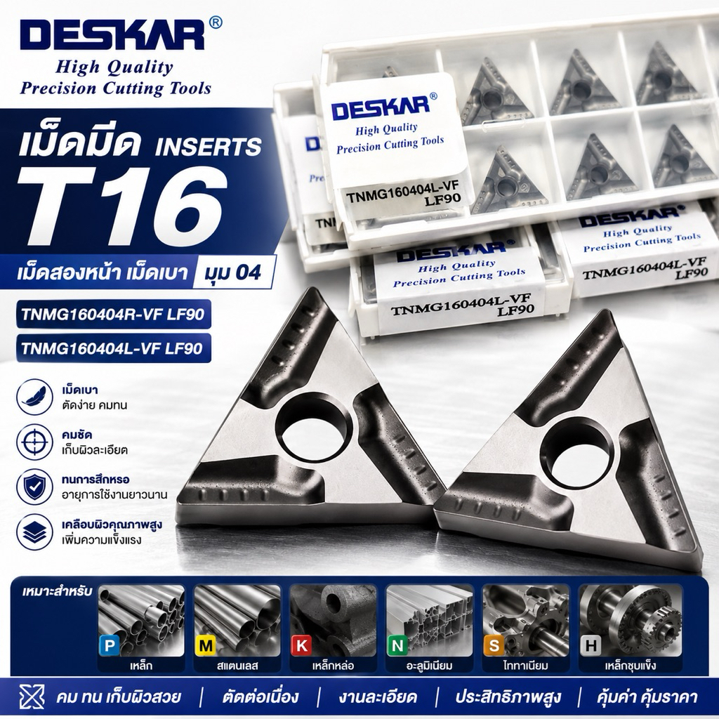 เม็ดมีด INSERTS  T16 เม็ดสองหน้า เม็ดเบา มุม 04 TNMG160404R-VF LF90 TNMG160404L-VF LF90 ยี่้ห้อ DESK