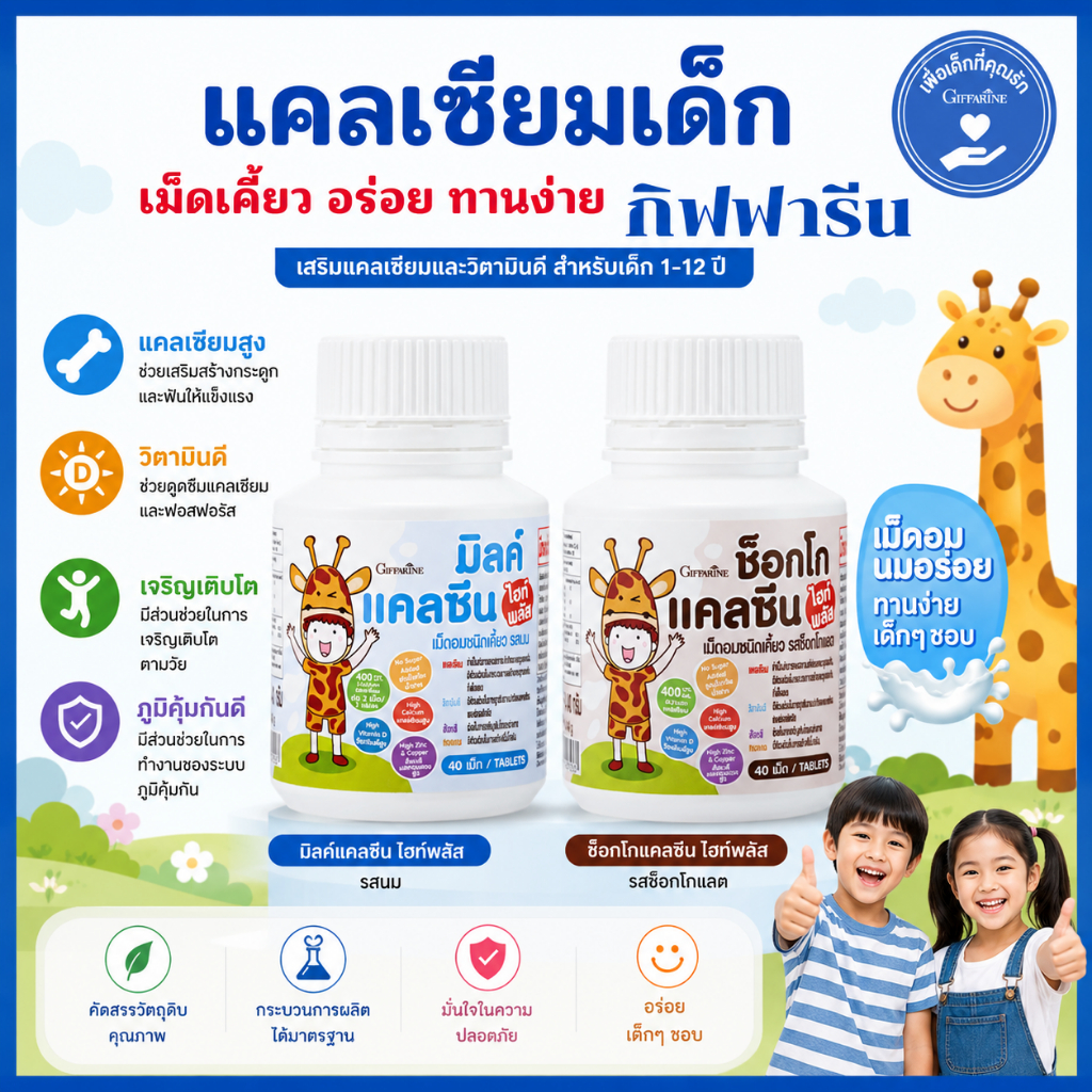 (ส่งฟรี)แคลเซียมสูง มิลค์ แคลซีน ไฮท์ พลัส เม็ดอมชนิดเคี้ยว รสนม รสช็อกโกแลต กิฟฟารีน