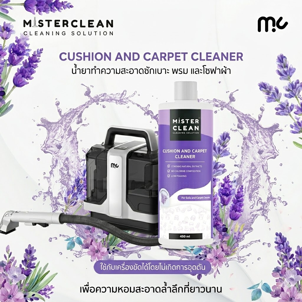 น้ำยาซักพรม เบาะ โซฟา ที่นอน Mister Clean 450ml กลิ่นหอม ไม่ทิ้งคราบ ปลอดภัยต่อเด็กและสัตว์เลี้ยง ใช้กับเครื่องซักพรมได้