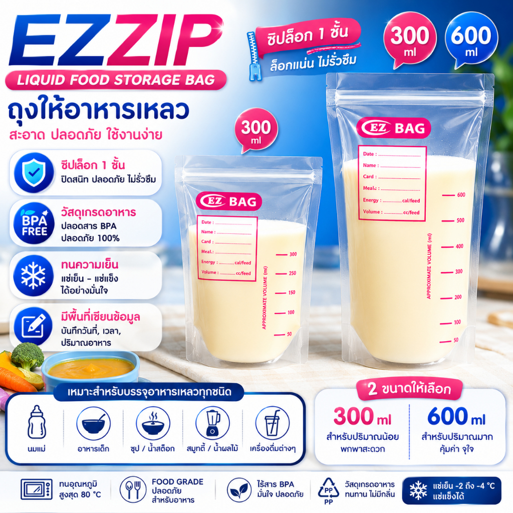 ถุงบรรจุอาหารเหลวแบบมีซิป 300 ml และ 600 ml.