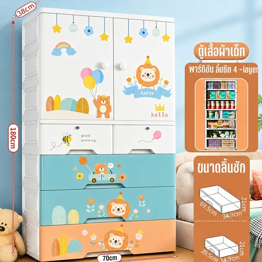 ROMOSS ตู้เสื้อผ้าเด็ก ตู้เสื้อผ้าลายการ์ตูน ที่เก็บของประตูคู่และลิ้นชัก เคลื่อนย้ายสะดวก หยัดพื้นที่ ตู้เก็บของ