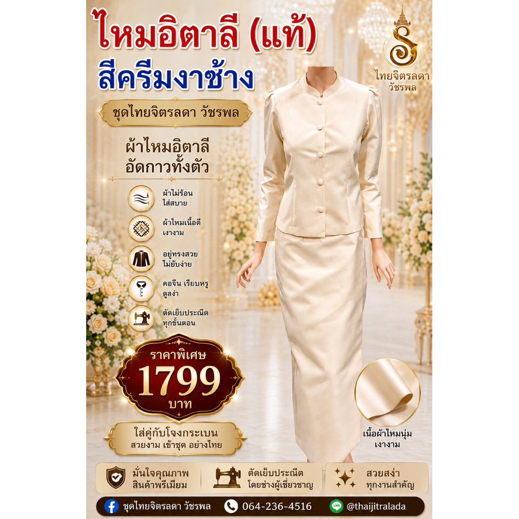 ชุดไทยจิตรลดา สีครีมงาช้าง ไหมอิตาลี