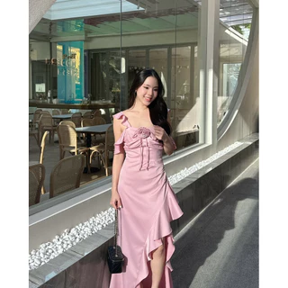 ชุดออกงาน ชุดเพื่อนเจ้าสาว koolykool(พร้อมส่ง S-2XL) CHสายระบายอ้อมแขนอกรูดๆมีฟองน้ำ กประบายย้วย แถมเข็มกลัดดอกไม้ 1 ดอก