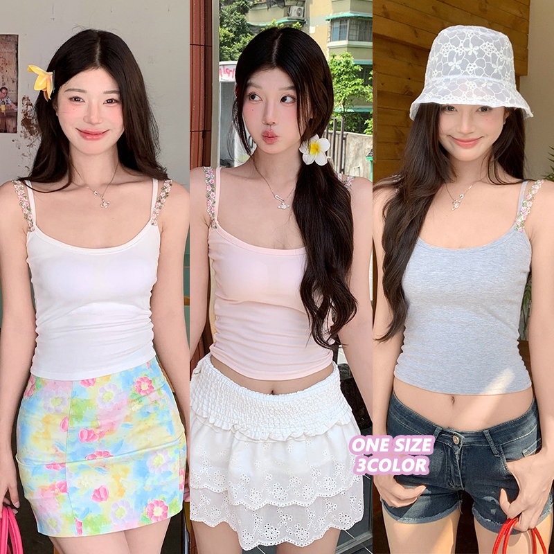 Anna_fashion เสื้อสายเดี่ยวสีชมพู มีสายคล้องไหล่ลายดอกไม้ และมีฟองน้ำเสริมที่ทรงเสื้อ X8852
