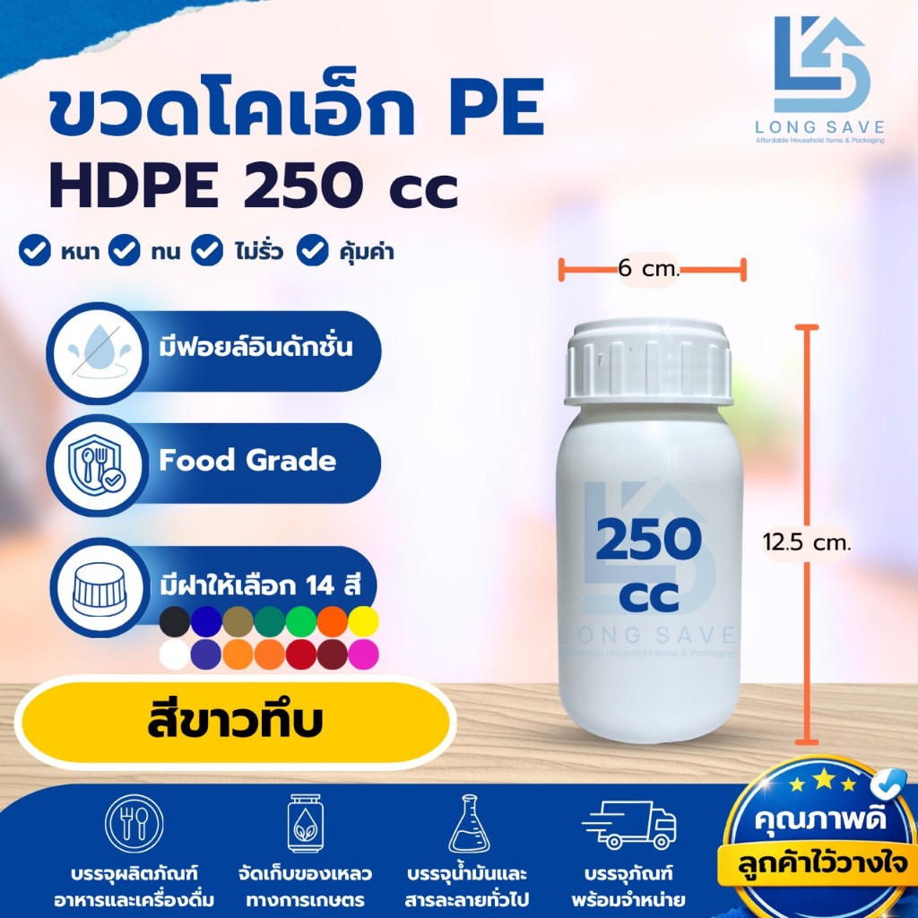 ขวดโคเอ็กซ์ PE HDPE 250 cc (250 มิลลิลิตร) สีขาวทึบ พร้อมฝา Induction และมีฝาขวดให้เลือก 14 สี