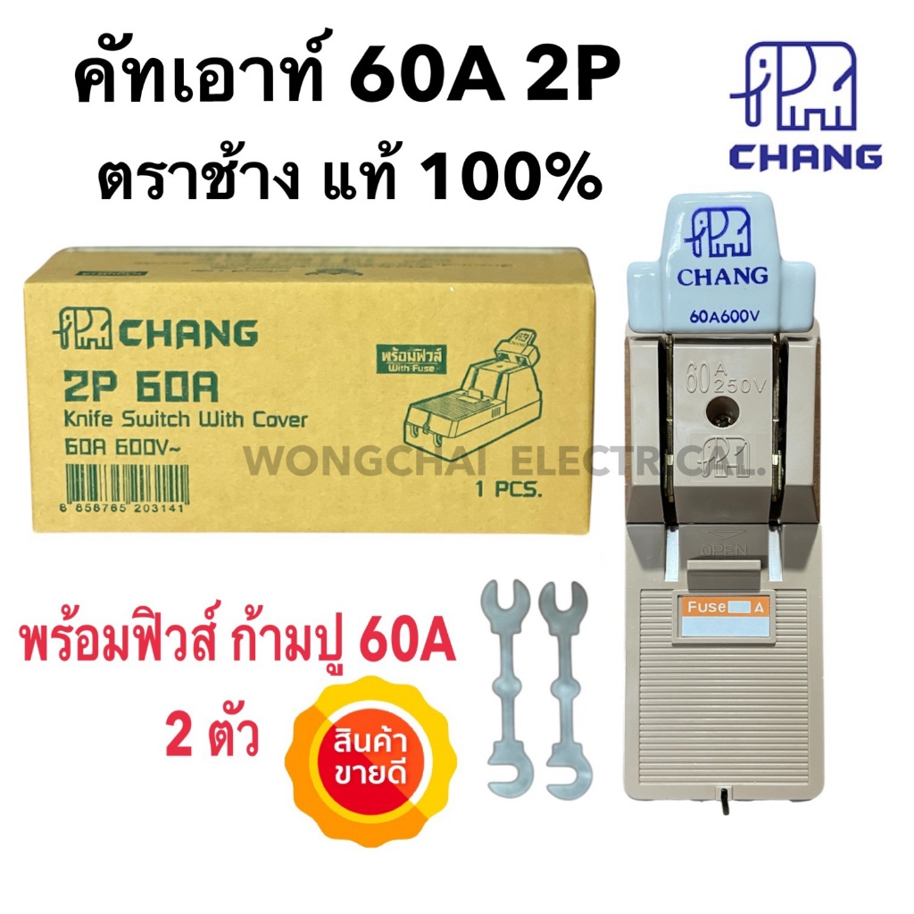 คัทเอาท์ ตราช้าง 2P 60A  มาตรฐาน มอก. ภายใน ภายนอกอาคาร(แถมฟรีฟิวส์ก้ามปู 60A x 2 ตัว)