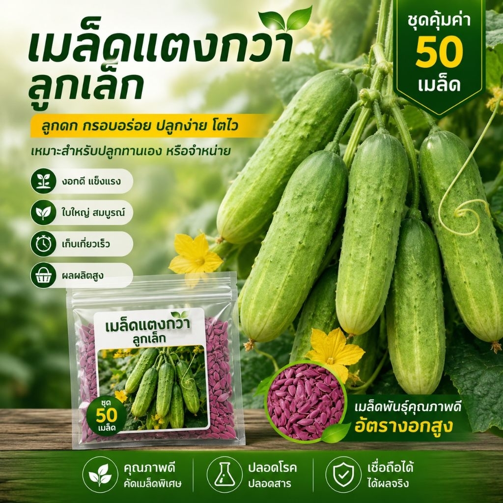เมล็ดพันธุ์ แตงกวาลูกเล็ก 50 เมล็ด เมล็ดพันธุแท้ เมล็ดพันธุ์คุณภาพ มีบริการเก็บเงินปลายทาง