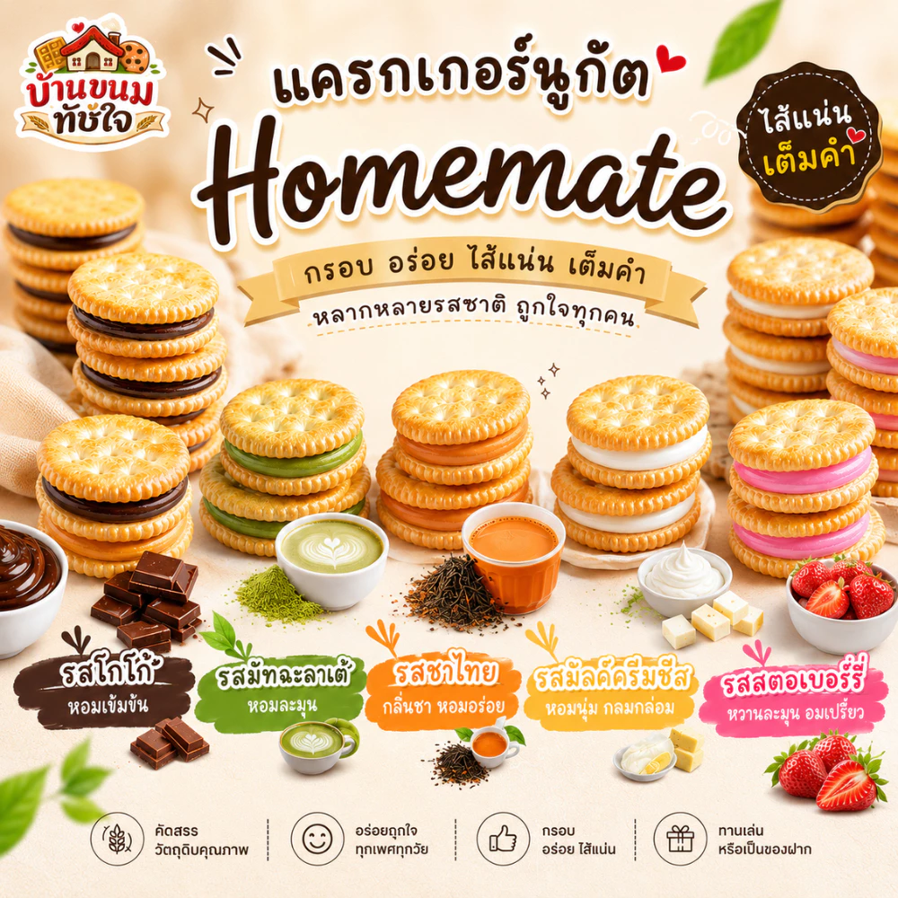 [ผลิตสดใหม่] บ้านขนมทัชใจ แครกเกอร์นูกัต หลากหลายรสชาติ โกโก้ / มัจฉะ / มิลค์ครีมชีส / ชาไทย / สตอเบอรรีโยเกิร์ต ไส้ยืด