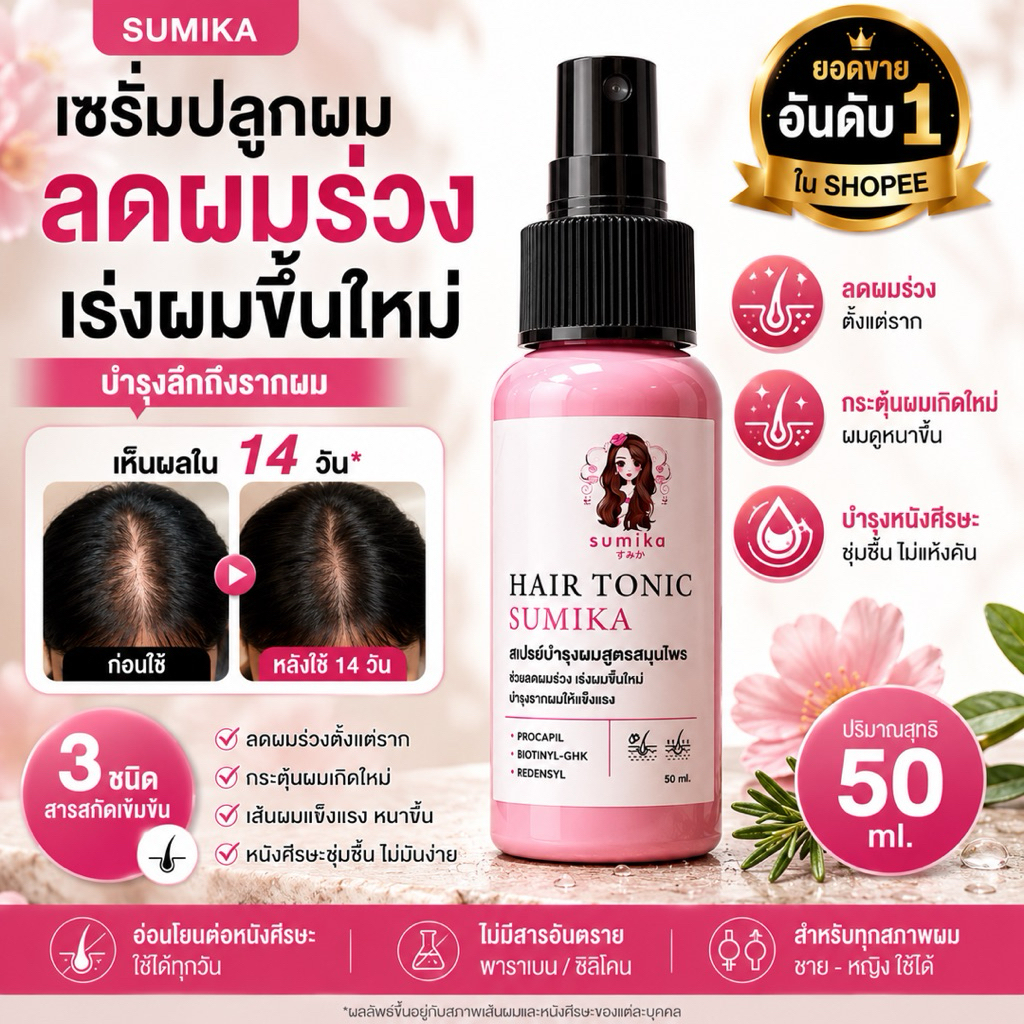 SUMIKA Hair Tonic เซรั่มปลูกผม ลดผมร่วง เร่งผมขึ้นใหม่ ผมบาง หนังศีรษะมัน 50ml