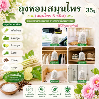 🔹️เพิ่มปริมาณ🔹️ถุงหอมสมุนไพร 35 กรัม (สมุนไพร 6 ชนิด) ใช้ดับกลิ่นในรถยนต์ ตู้เย็น ตู้เสื้อผ้า ตู้รองเท้า ห้องนอน ห้องน้