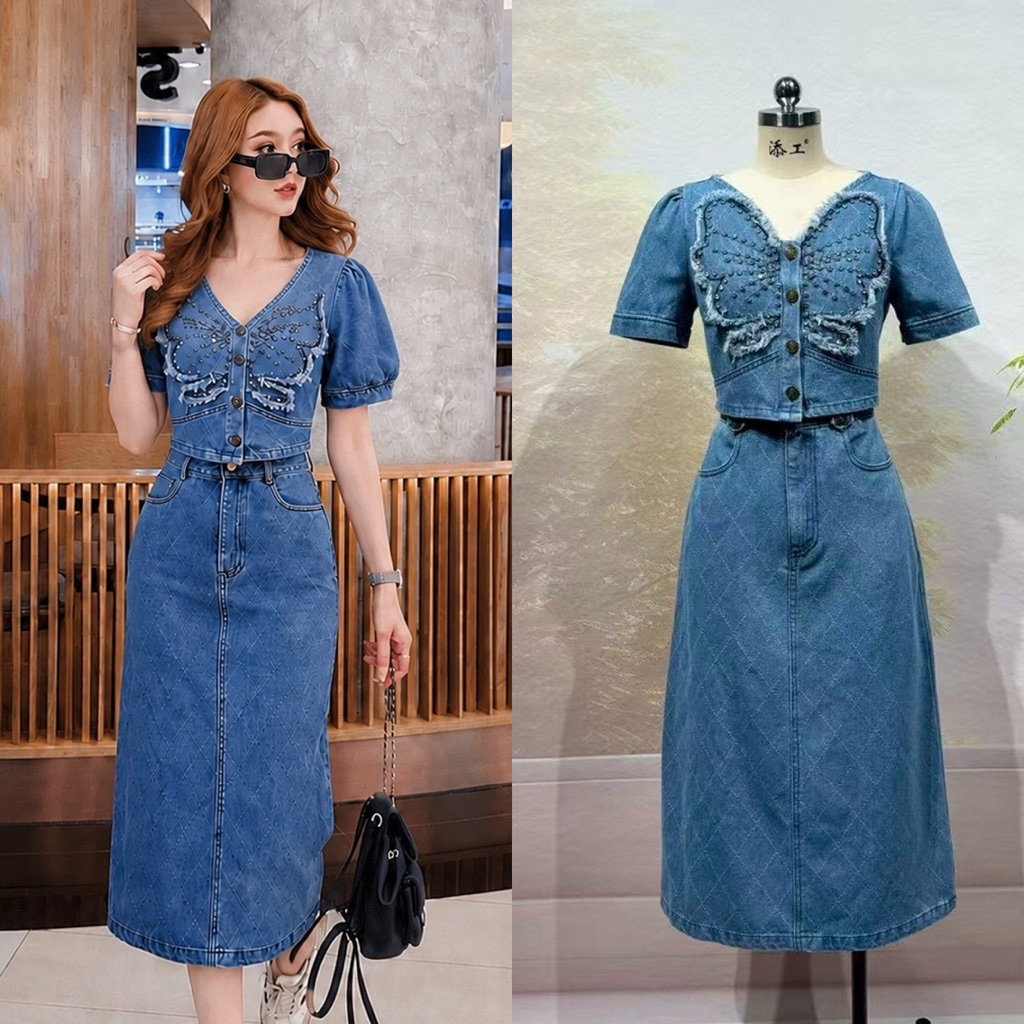 (ปกติ .5 ข้าม) ชุดยีนส์ ชุดเซตกระโปรง เสื้อกระดุมหน้า ลายผีเสื้อ +กระโปรงเอวสูง งานป้าย jusmint