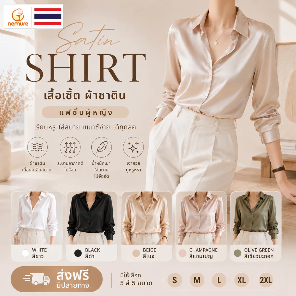 (D-018) Satin Shirt เสื้อเชิ้ต ผ้าซาติน แฟชั่น ผู้หญิง แขนยาว ทรงสวย เรียบหรู ใส่ทำงาน เที่ยว คาเฟ่ Fashion