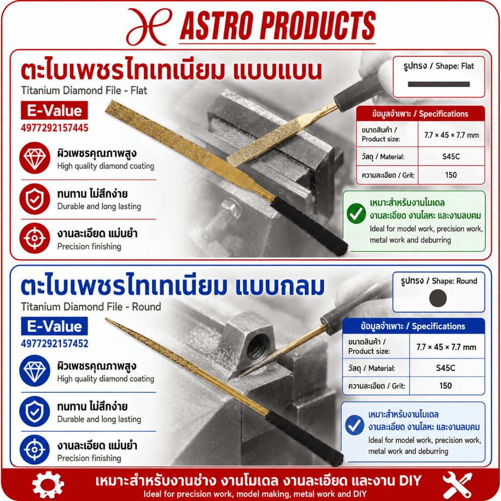 E-Value ตะไบเพชรไทเทเนียม #150 / Titanium Diamond File #150 Flat & Round 2 Types