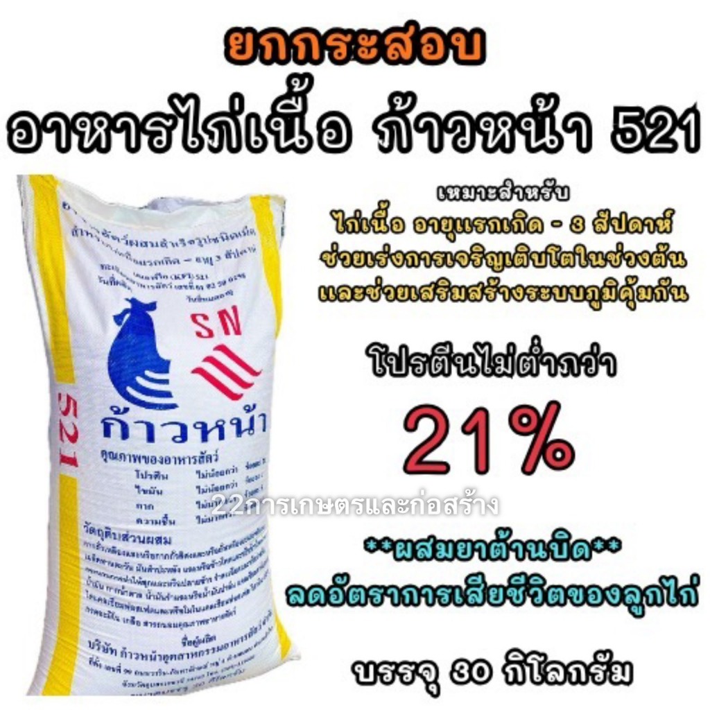 ยกกระสอบ อาหารไก่เนื้อ ก้าวหน้า 521 (ผสมยาต้านบิด) ขนาดบรรจุ 30 กิโลกรัม