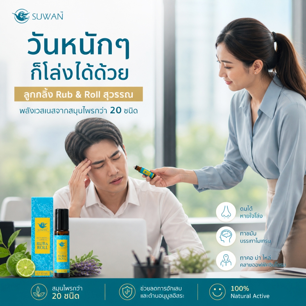 ลูกกลิ้งแก้ไมเกรนลดปวดได้ด้วยสารเบต้าไพนีนผ่านงานวิจัยจากแบรนด์สุวรรณ1ขวด