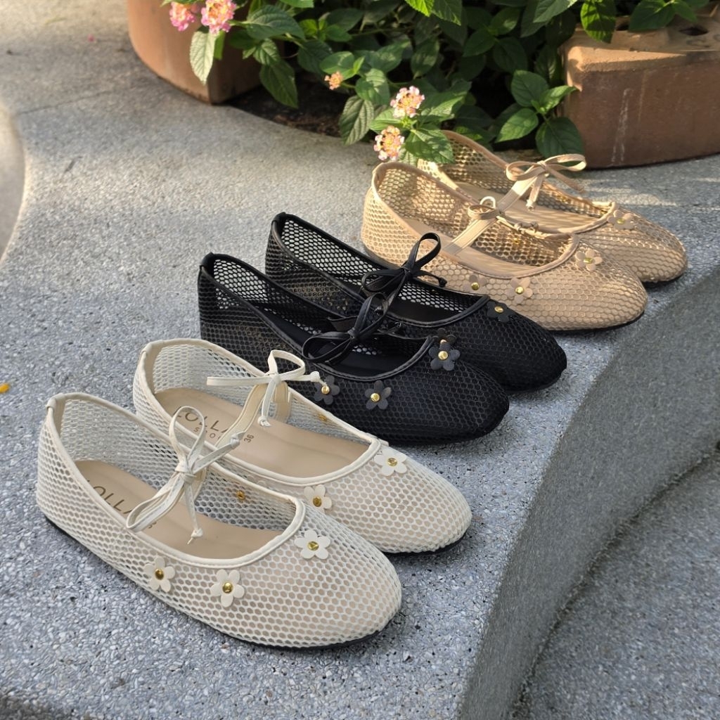 🔥 OHODOODEE 🔥 Honeycomb Mesh Flower Flats (รุ่นตาข่ายรังผึ้ง แต่งดอกไม้ 3D) M570