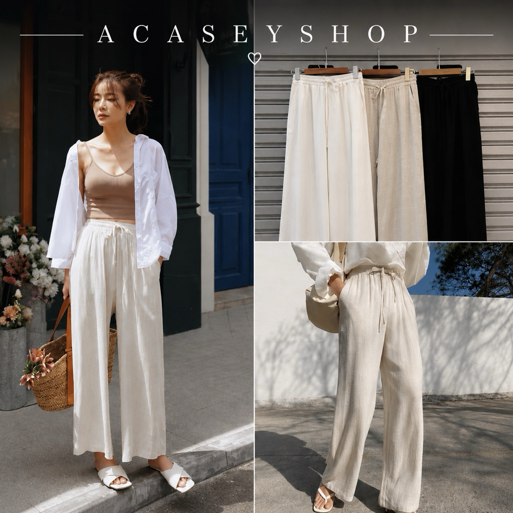 Acasey กางเกงขายาวผู้หญิง ลินินทรงเบสิค เอวจั้ม เชือกหูรูด ทรงสวยBasic เนื้อผ้านิ่มสุดต้องร้านนี้น้า