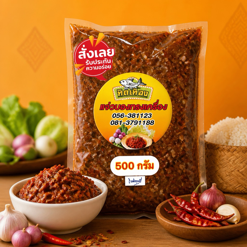 ครัวทิดเทือง แจ่วบองทรงเครื่อง 500 กรัม (หมู-ผัดสุก)