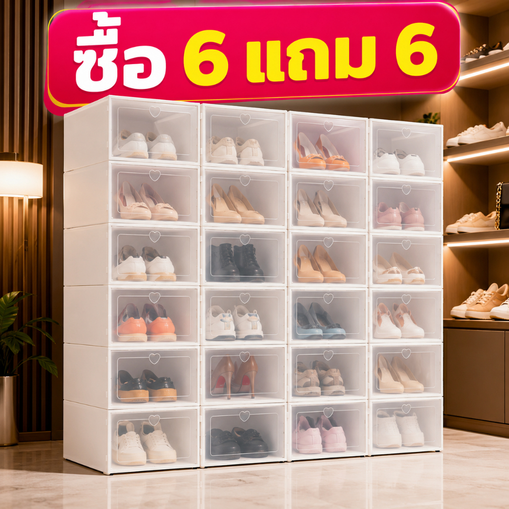 [ซื้อ 6 แถม 6] กล่องรองเท้า กล่องเก็บรองเท้า ฝาหน้าใส เปิดหน้าได้ วางซ้อนได้ ต่อกันได้ แข็งแรง ประหยัดพื้นที่