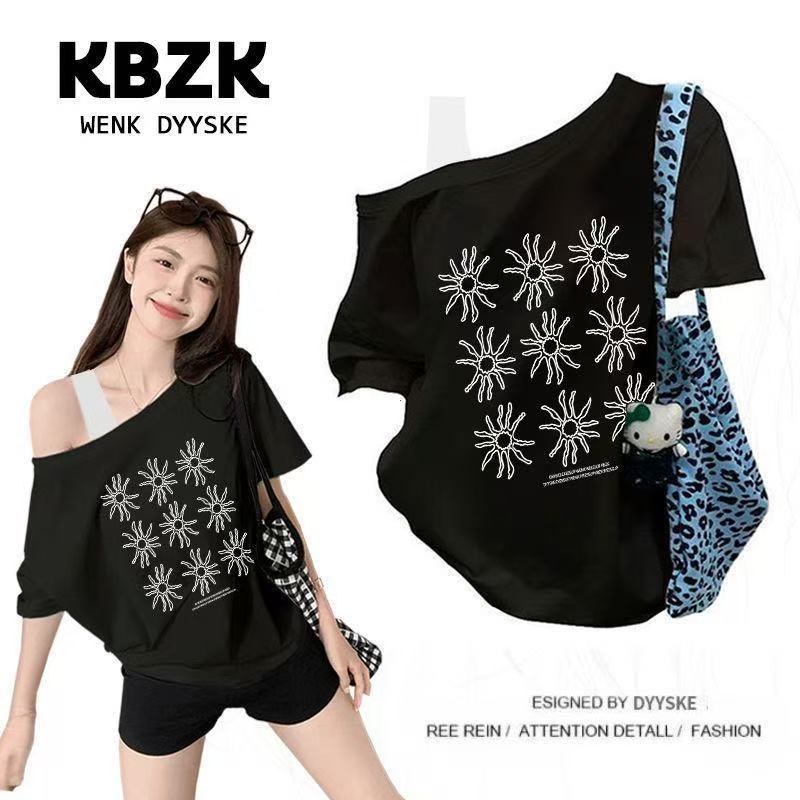 COD-เสื้อยืดปลอมสองชิ้นลายดวงอาทิตย์ สไตล์อเมริกันเรโทร ไหล่เอียง ทรงหลวม ฤดูร้อน-มีให้เลือกหลายสี-ขายดี-แต่งตัวง่าย สไต