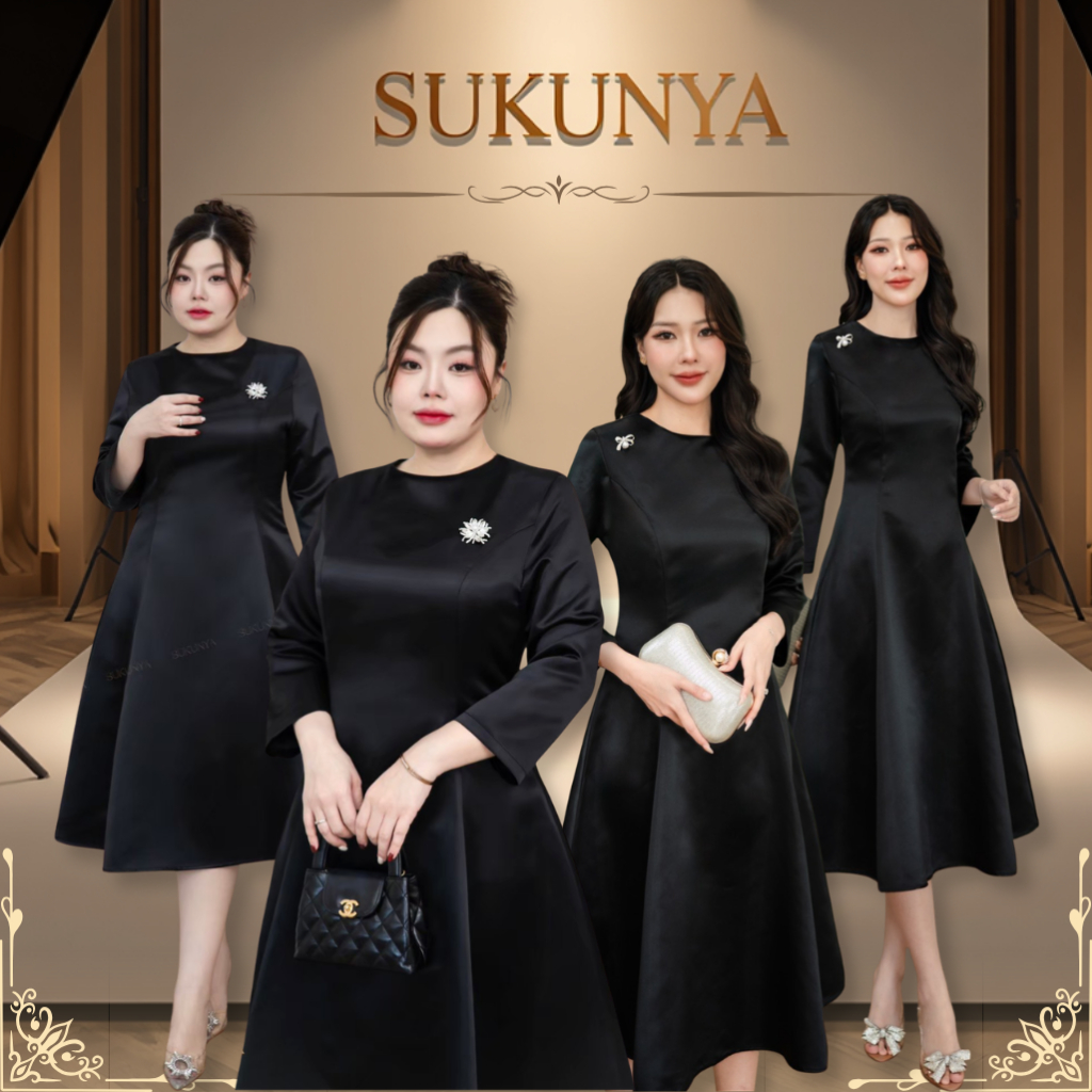 Sukunya 6817 : ชุดเดรสเนื้อผ้าไหมญี่ปุ่น แขนยาว คอกลม ตีเกร็ดทรงเข้ารูป