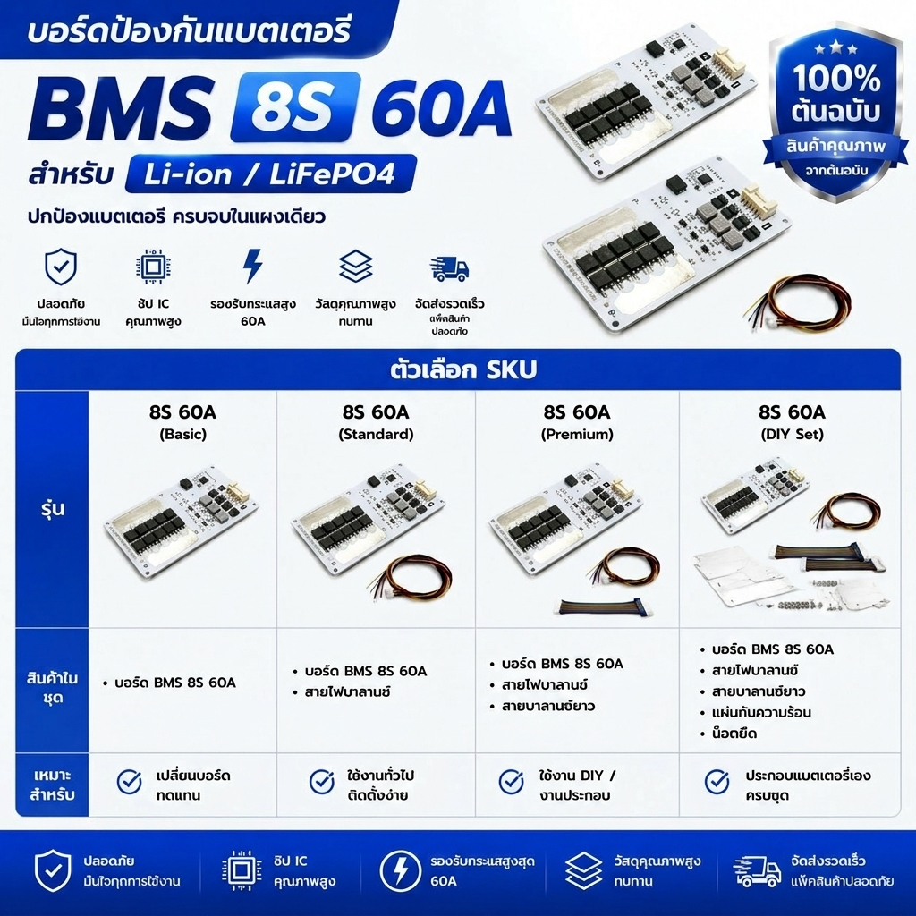 BMS 4S 30A, 50A, 100A มี Active Balance 1.5A ในตัว ทำระบบไฟ12V สำหรับ LiFePO4 3.2V 12.6V/14.6V จากแบรนด์ M-Power