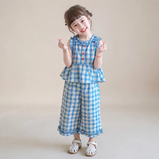 Hania kids พร้อมส่ง ชุดเซ็ตลายสก็อตสีฟ้า+กางเกงขายาว เสื้อผ้าเด็ก- K4125260
