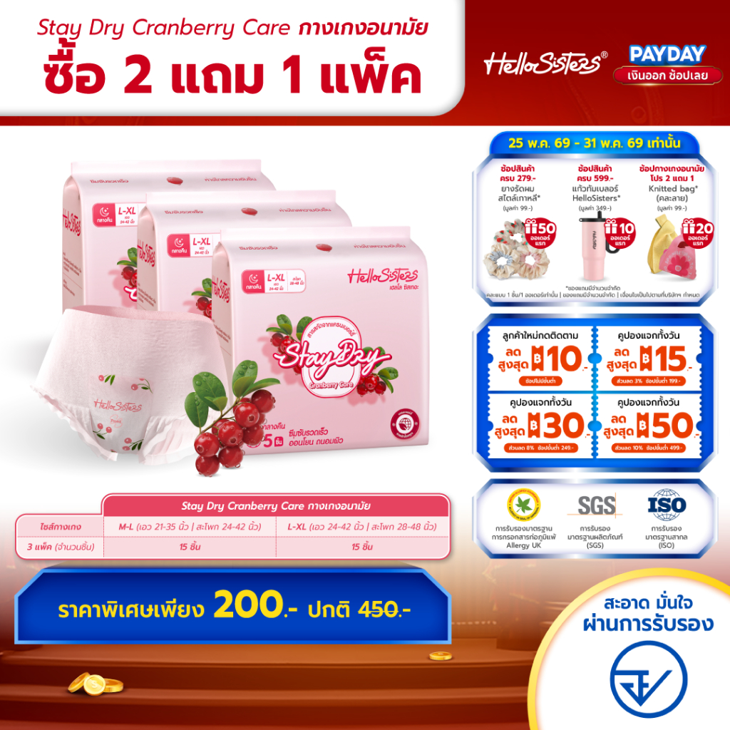 [เลือกไซส์เลย] ซื้อ 2 แถม 1 Stay Dry Cranberry Care HelloSisters ผ้าอนามัยแบบกางเกง M-L / L-XL จำนวน 15ชิ้น