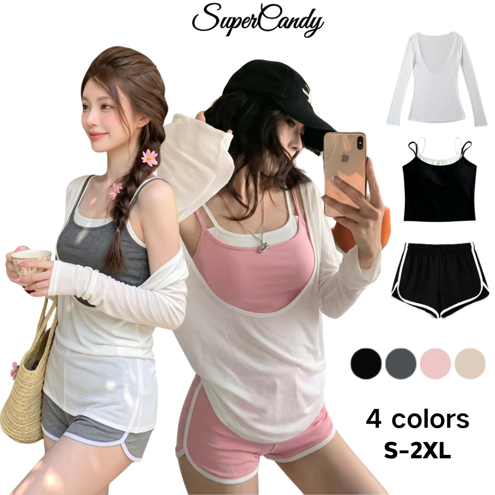 SuperCandy🌷เซต 3 ชิ้นฤดูร้อน เสื้อกล้าม+เสื้อคลุมกันแดด+กระโปรงสั้น สไตล์สาวเซ็กซี่