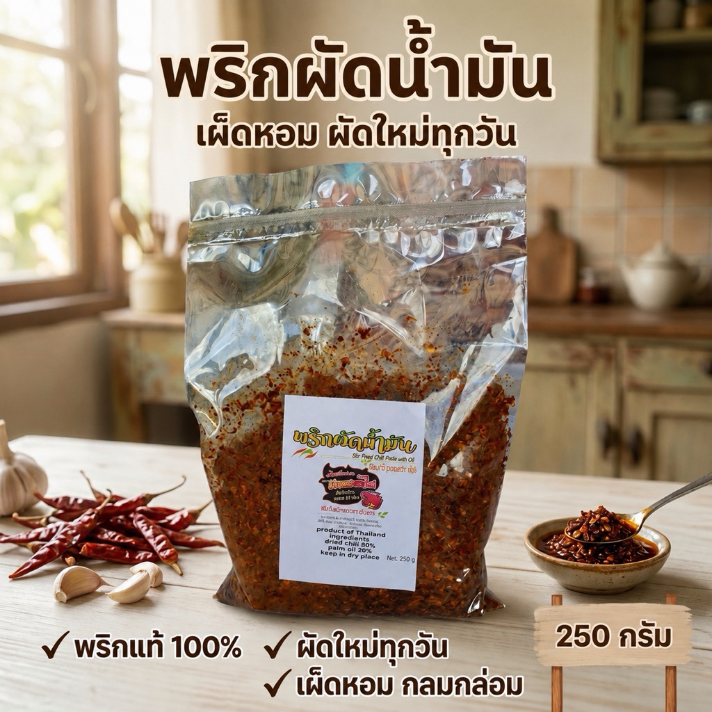 🔥พริกผัดน้ำมัน เผ็ดมาก สูตรเด็ดก๋วยเตี๋ยว (ไม่ใส่วัตถุกันเสีย) ขนาด 250 กรัม พริกผัดหอม ผัดใหม่ทุกวัน(ผัด250)