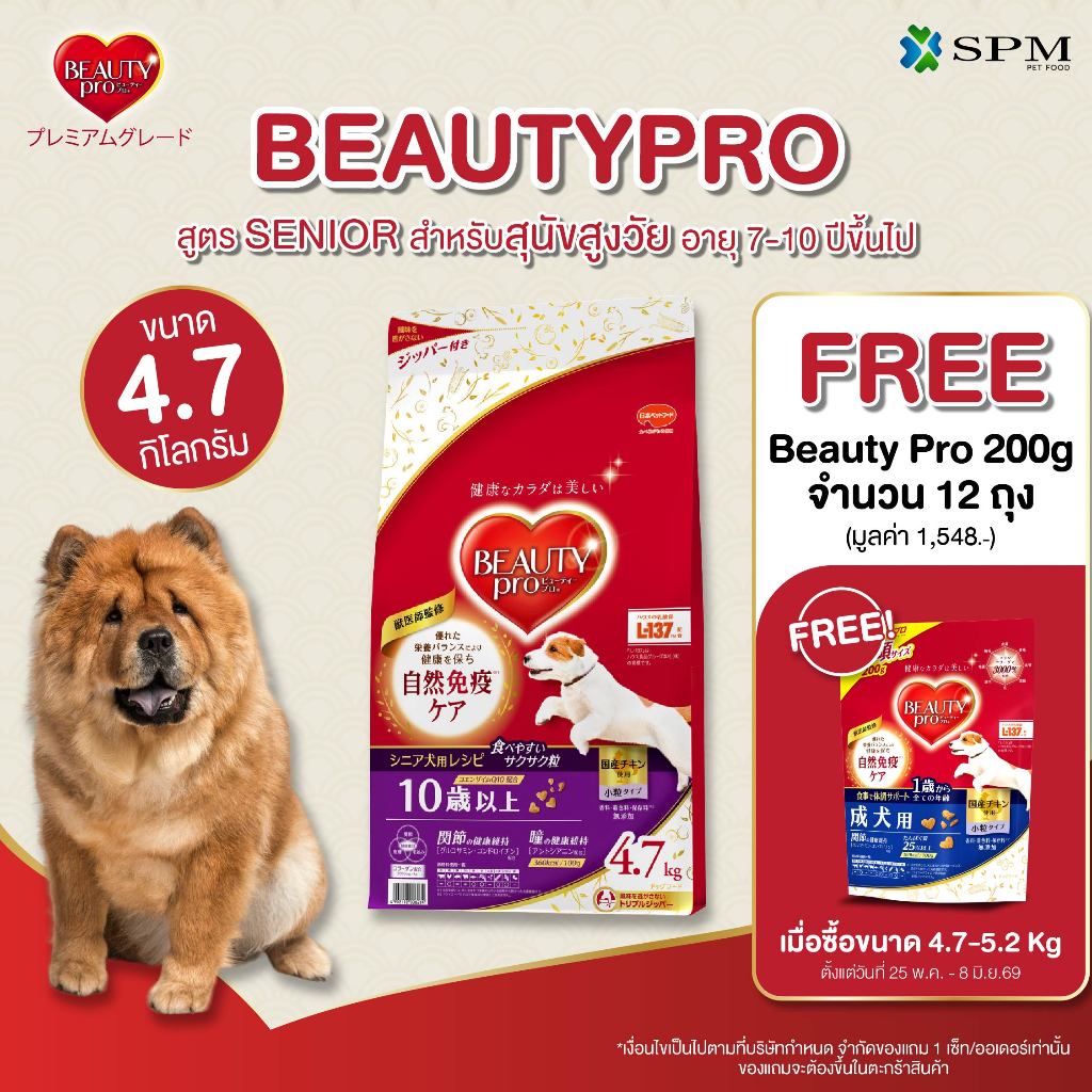 BeautyPro อาหารเม็ดสุนัขพรีเมียม สูตร Senior สูงวัยอายุ 7-10 ปี+ ขนาด 4.7 Kg. ปรับสมดุลทางเดินอาหาร